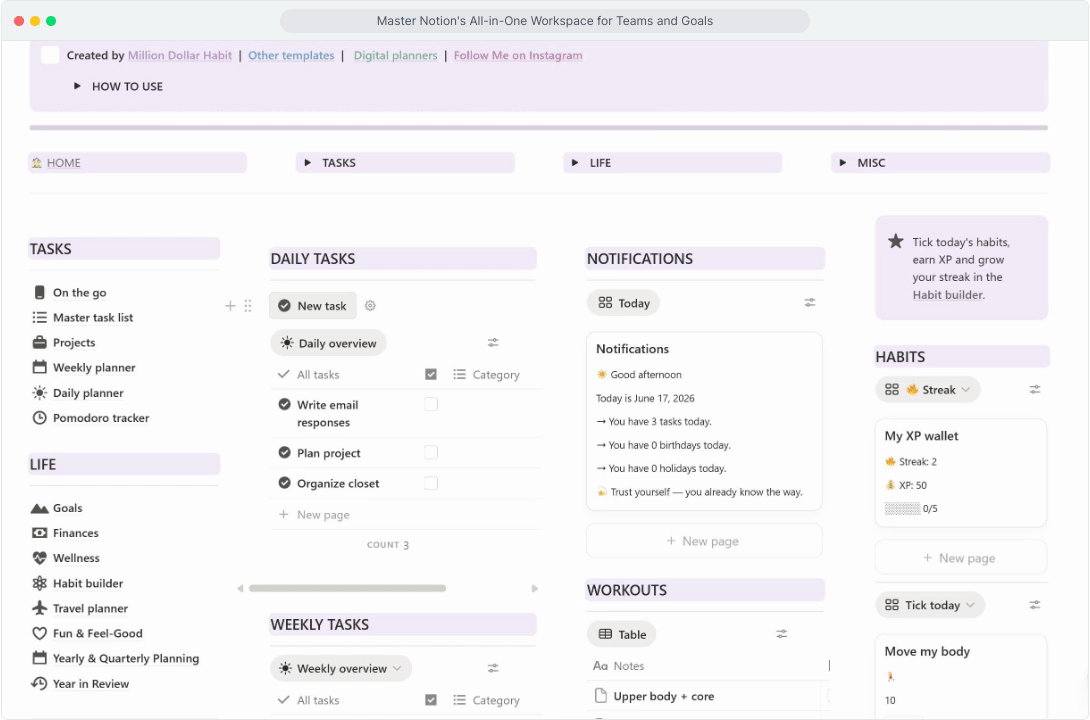 Life Dashboard for Notion Demo